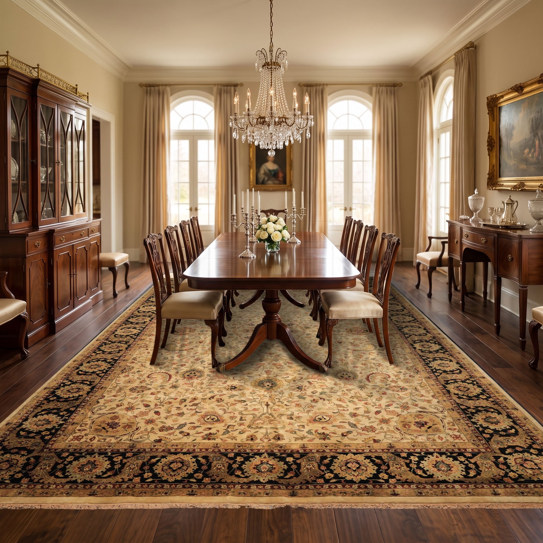 11'11''x17'9'' Agra Beige Black New Zealand Wool Hand Knotted Botanical Rug - 11' 11'' x 17' 9''