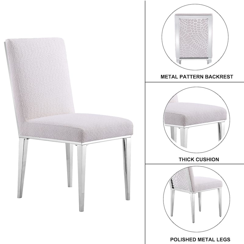 Luxurious White Boucle Dining Chairs with Mirrored Silver Metal Legs