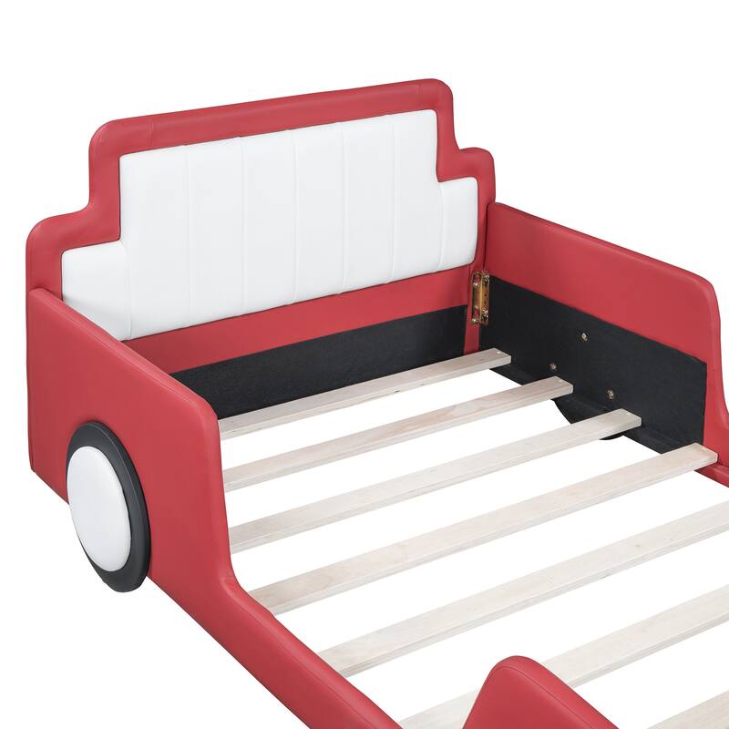 Race Car-Shaped Platform Bed, PU Leather Upholstered Grounded Bed, Wood Low Profile Panel Bed with Wheels