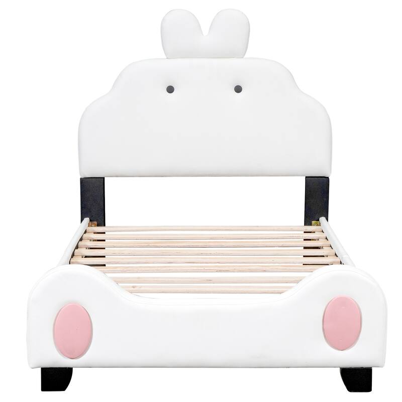 Pink+White Kids Twin Upholstered Platform Bed Frame with Cute Headboard ...