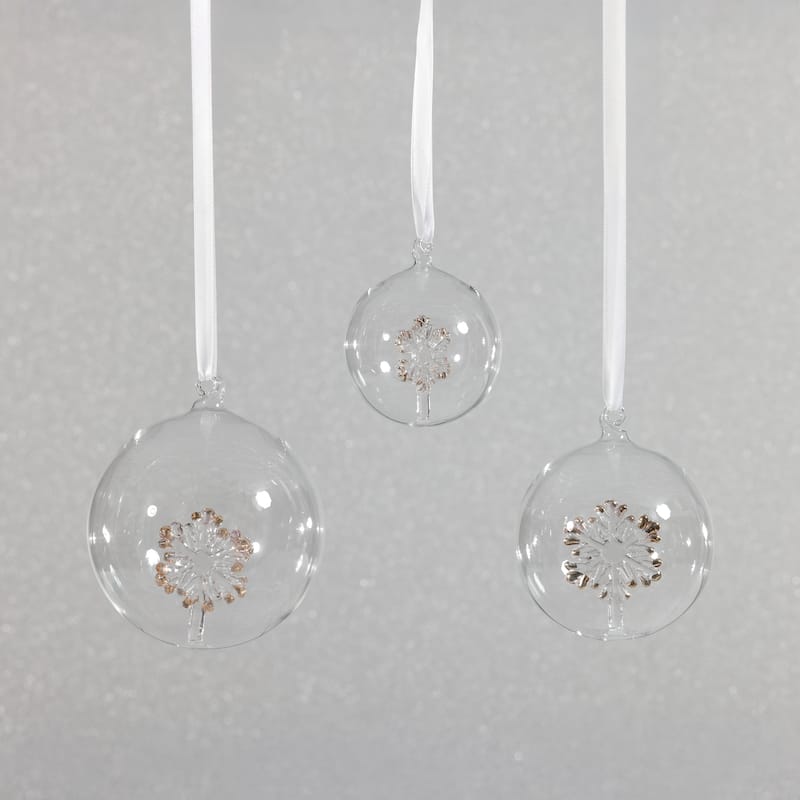 Clear Glass Ball Ornaments with Holiday Snowflake Motif, Set of 6, 3.25"