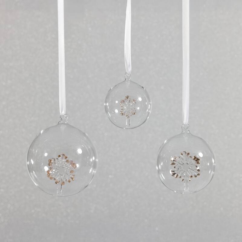 Clear Glass Ball Ornaments with Holiday Snowflake Motif, Set of 6, 4"