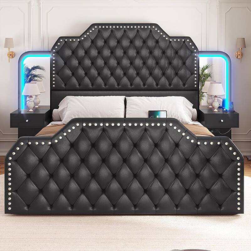 Queen Bed Frame 53" Tall Headboard 4 Drawers 2 Nightstands Mirror