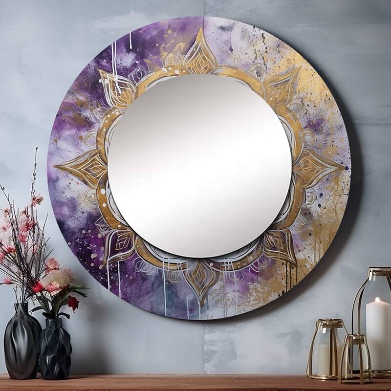 Designart "Purple And Gold Mandala I" Boho Mandala Living Room Mirror - Purple Traditional Round Mirror