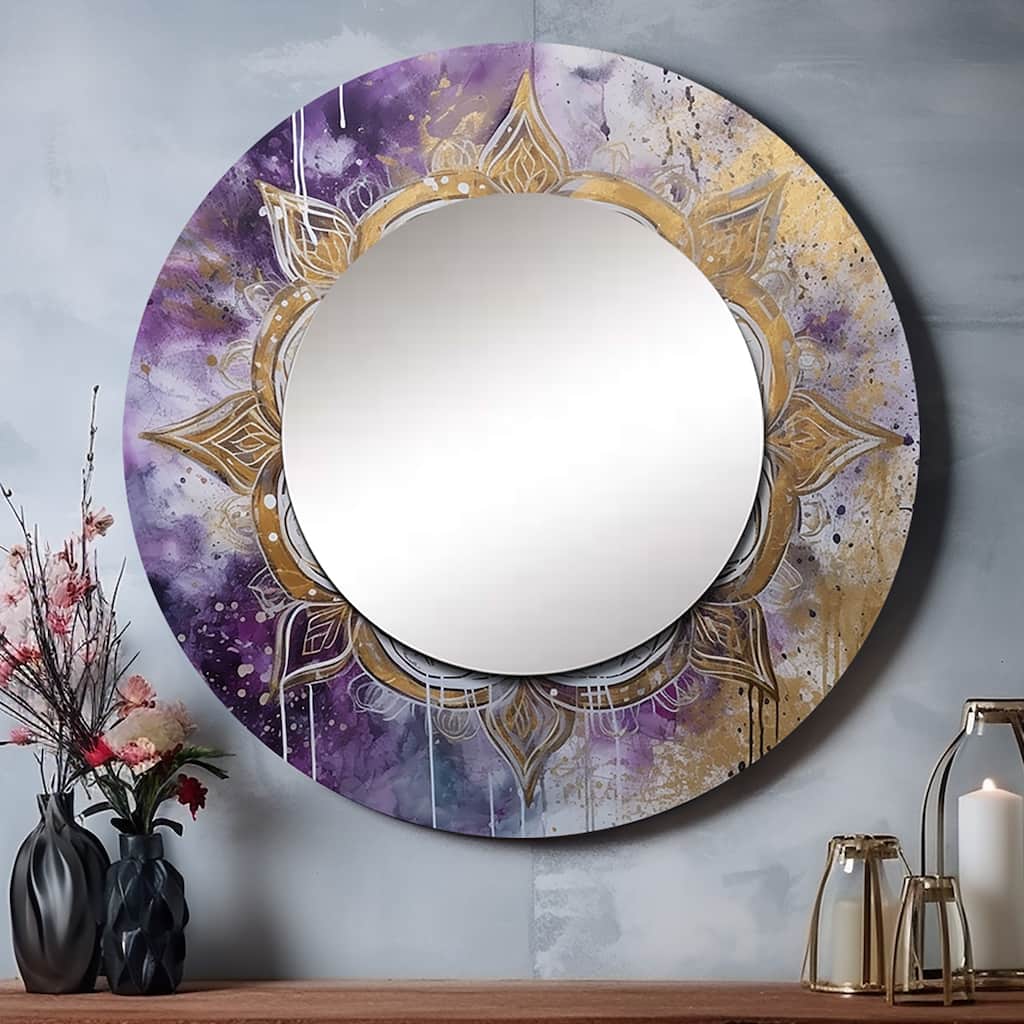 Designart "Purple And Gold Mandala I" Boho Mandala Living Room Mirror - Purple Traditional Round Mirror