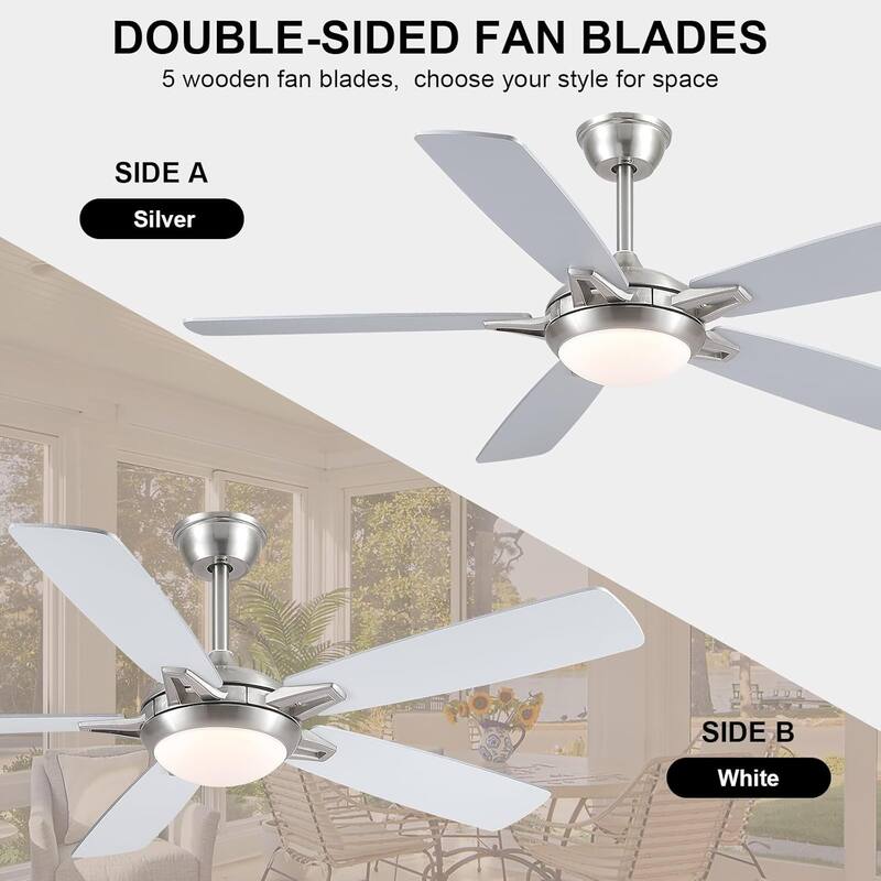 52" Downrod Ceiling Fan with Light and Remote,Reversible DC Motor,5 Plywood Dual Side Blades - 52 Inches
