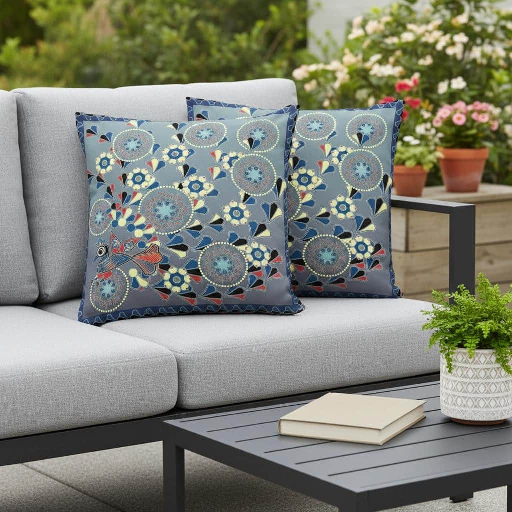 HomeRoots Set of Two 16" X 16" Gray and Blue Peacock Blown Seam Floral Indoor Outdoor Throw Pillow - 16.00' X '16.00' X '5.00