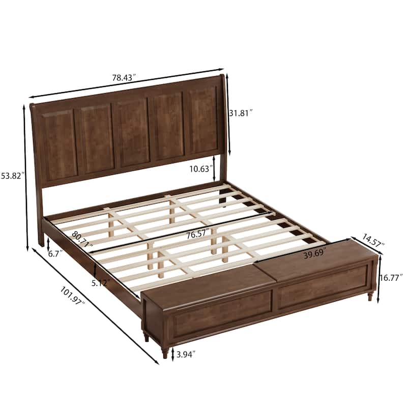 GDFStudio - Traditional Solid Wood Sleigh Bed Frame with High Paneled Headboard & Storage Chest Bench, No Box Spring Needed