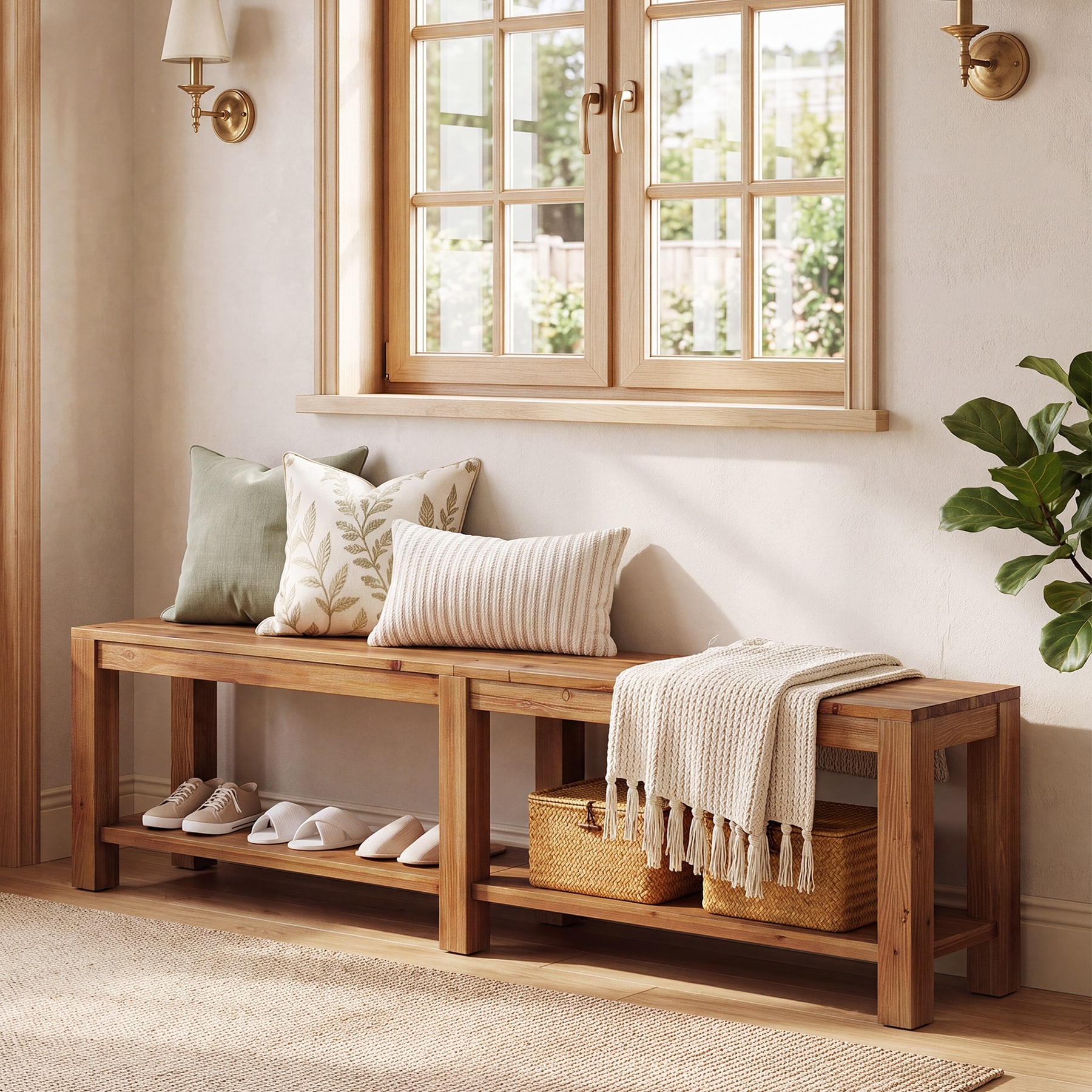 2-Tier Solid Wood Entryway Bench with Shoe Storage