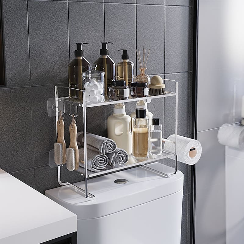 Over The Toilet Storage Shelf, 2-Tier Large Capacity Bathroom Storage Organizer With Paper Holder And 2 Hooks - silver