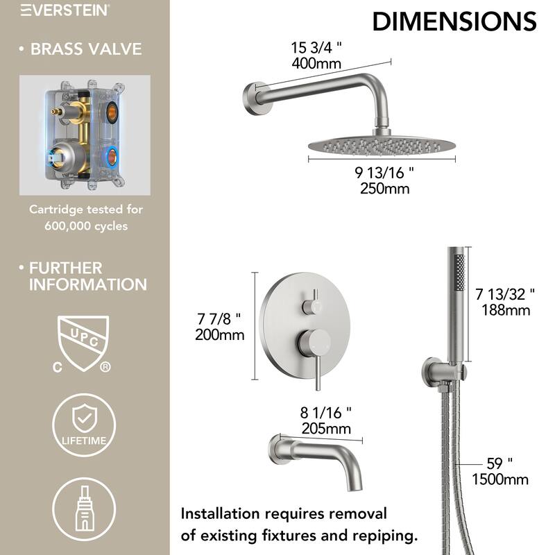 Pressure Balance 3-Functions Shower Head System, 10" Shower Faucet Set with Tub Faucet Spout