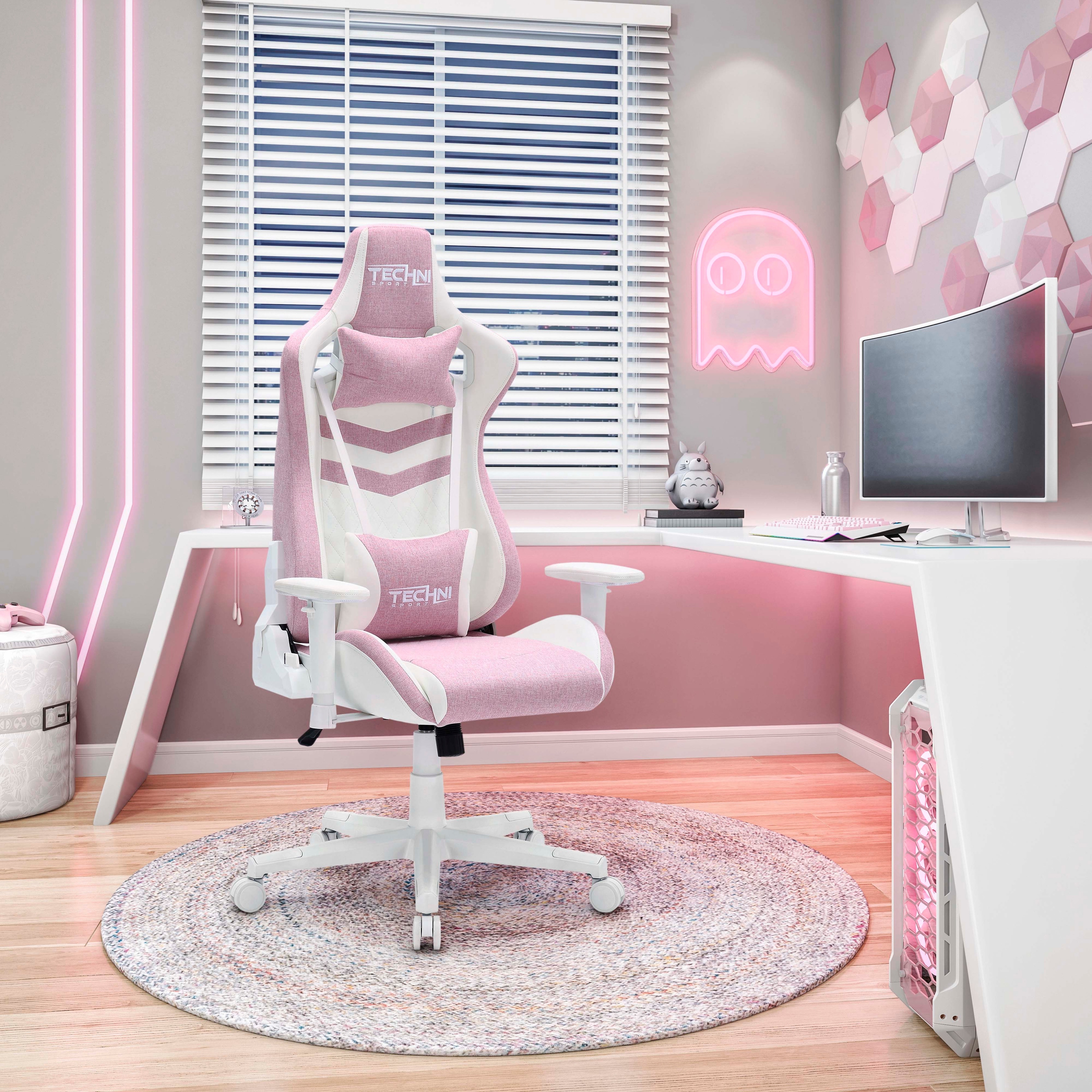 Techni Sport TS-4300 Ergonomic High-Back Gaming Chair - Pink Racing Style, Reclines 150°, Adjustable