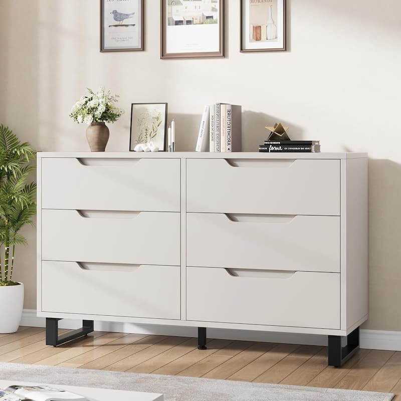 Farmhouse Freestanding Double 6 Drawer Dresser for Bedroom, Living Room, Hallway - White