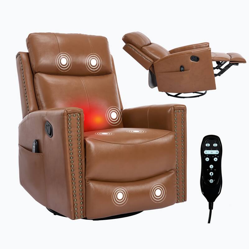 Roomfitters Genuine Leather Swivel Rocker Recliner, Manual Massage Glider with Heat and Top Grain Cowhide, Living Room
