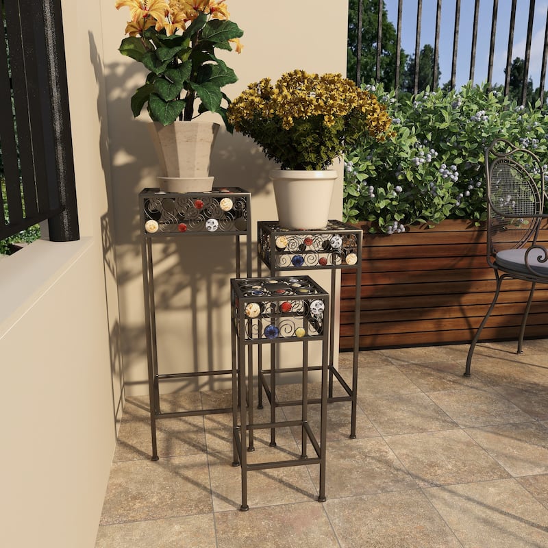 Black Metal 3 Tier Scroll Indoor Outdoor Plantstand with Colorful Jewels (Set of 3)
