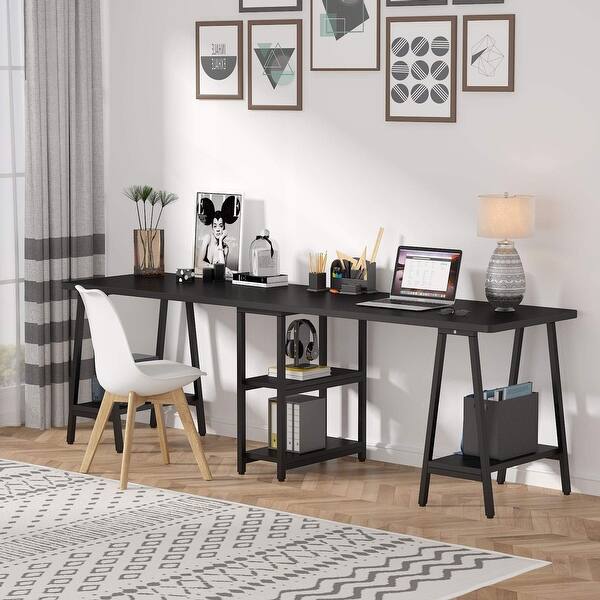 Tribesigns Double Computer Desk With Shelves 94 5 Inches Extra Long Two Person Desk Overstock 32573727