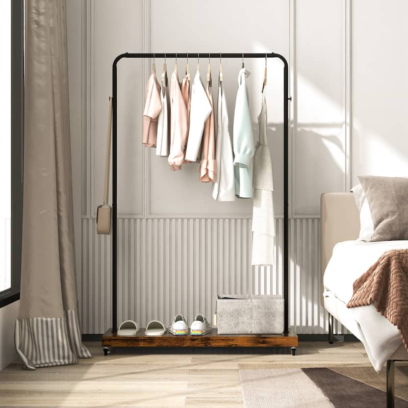 Industrial Pipe Rolling Garment Rack Clothing Rack with Hooks & Shelf