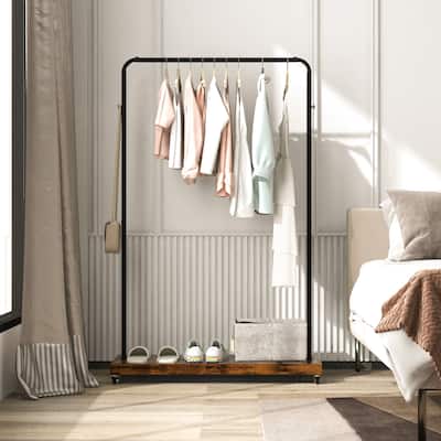 Industrial Pipe Rolling Garment Rack Clothing Rack with Hooks & Shelf