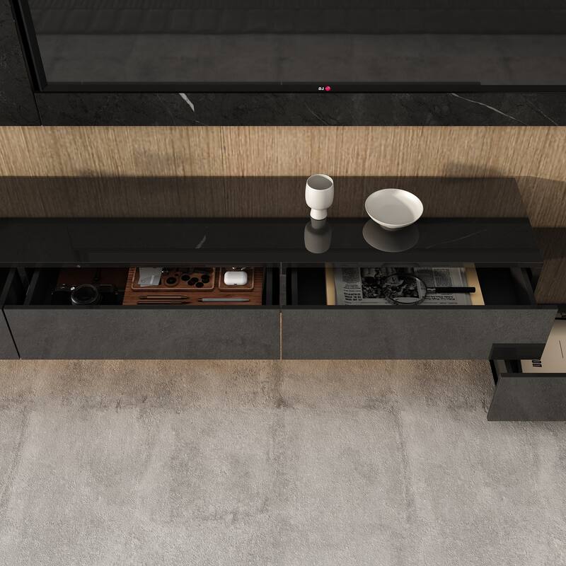 2 Piece TV Stand Wall Mounted TV Cabinet Modern High Gloss With Light - 94.5"