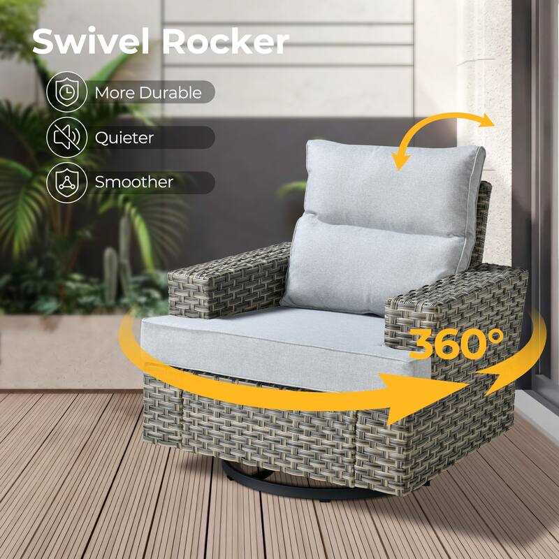 HOOOWOOO 9-piece Wicker Patio Furniture Swivel Rocking Chair Set with Fire Pit