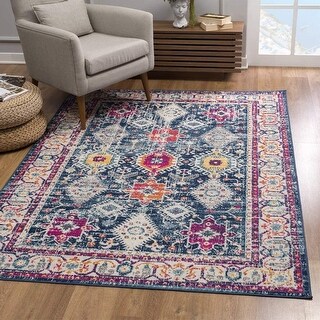 5' X 8' Navy Traditional Decorative Area Rug - 3'6
