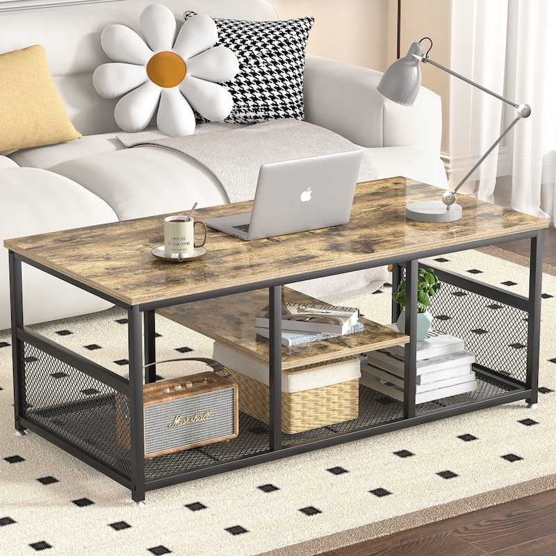 Industrial Rectangle Wood Coffee Table with Storage Shelf, Metal Frame Home Tea Table Desk - Gray