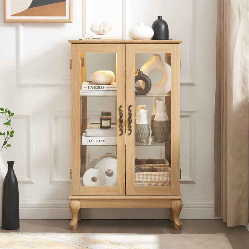 Lighted Display Cabinet with 2 Tempered Glass Doors and Adjustable Shelves