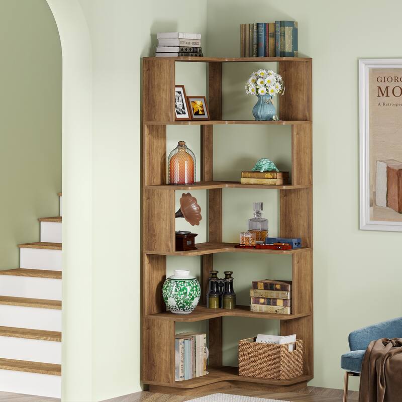 6-Tier Corner Bookshelf, 64.9 Inch Industrial Bookcase with Baffles - Brown