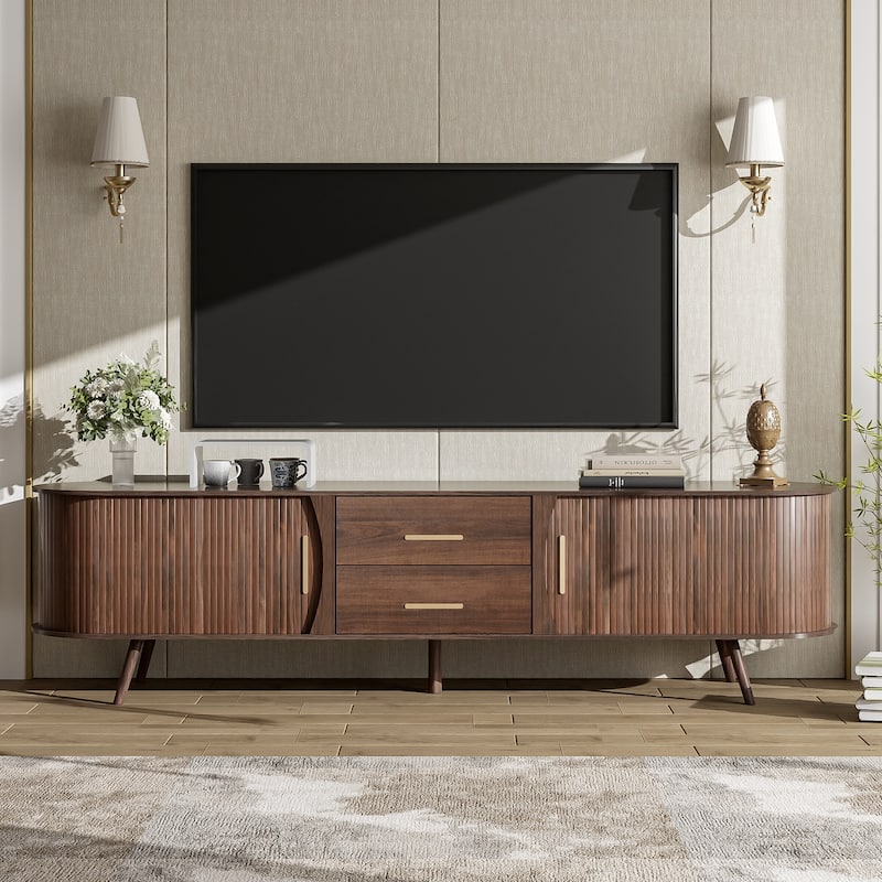 Anmytek Walnut TV Stand Media Console with Sliding Doors Drawers Modern Rustic Storage - Brown