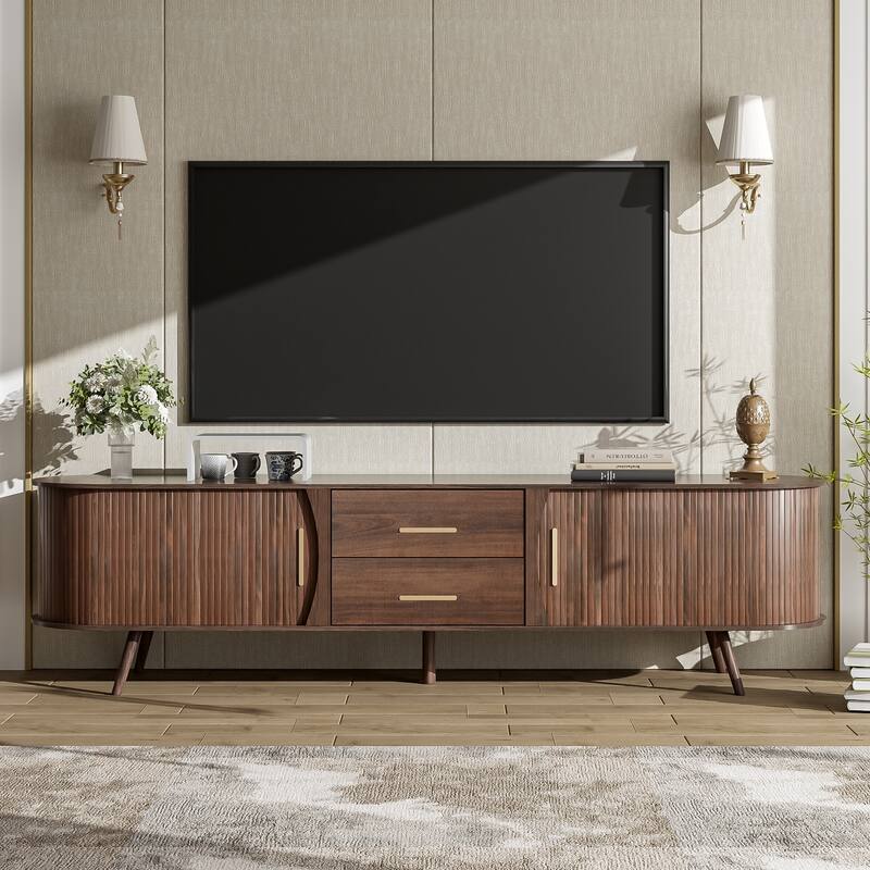 Mid-Century Modern TV Stand, Media Console, for TVs up to 80" with 2 Drawers and Storage, for Living Room & Bedroom - Brown