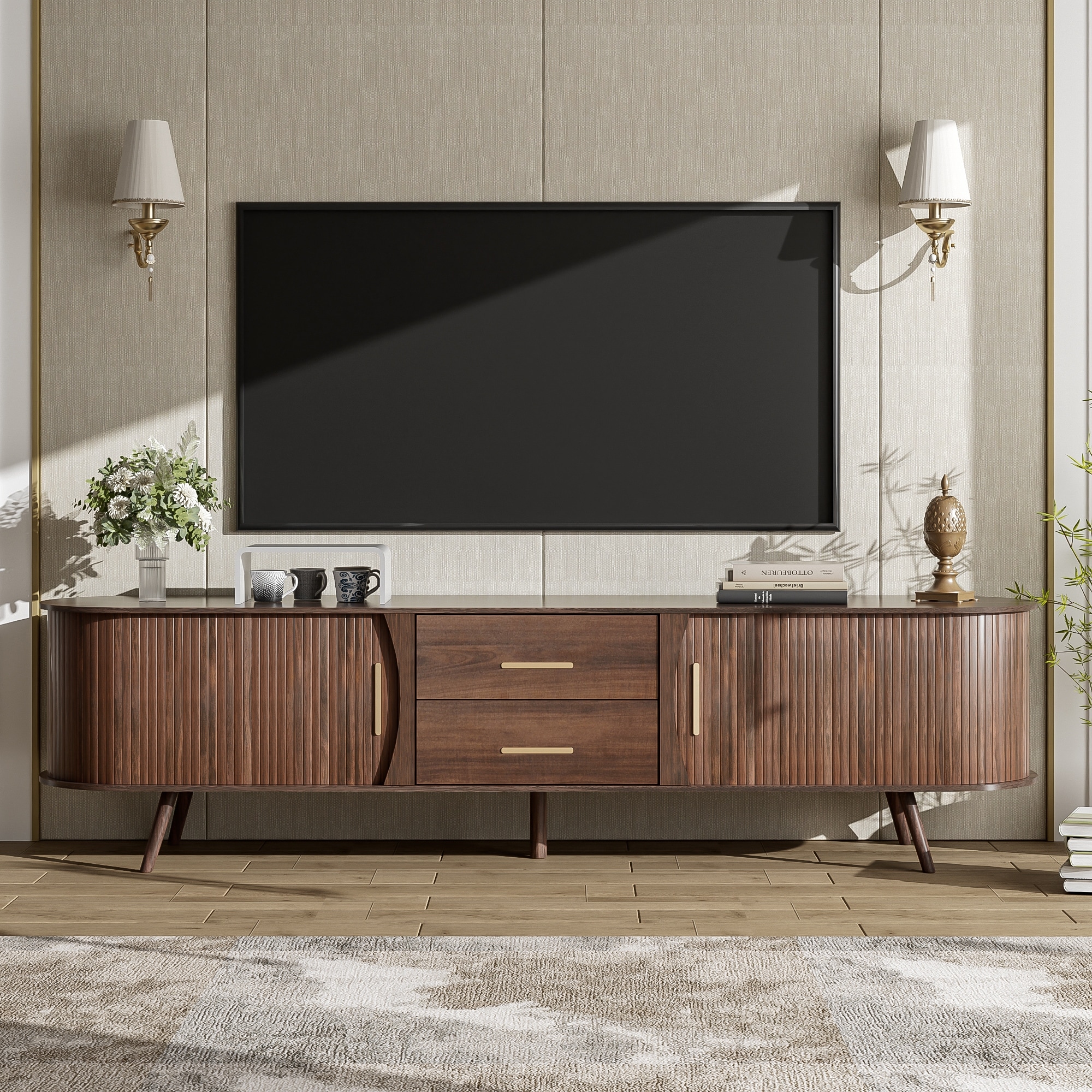 Mid-Century Modern TV Stand, Media Console, for TVs up to 80" with 2 Drawers and Storage, for Living Room & Bedroom