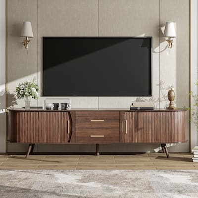 Retro Curved TV Stand for 80" TV, Storage Media Cabinet with 2 Drawers, Media Console Table with Solid Wooden Legs