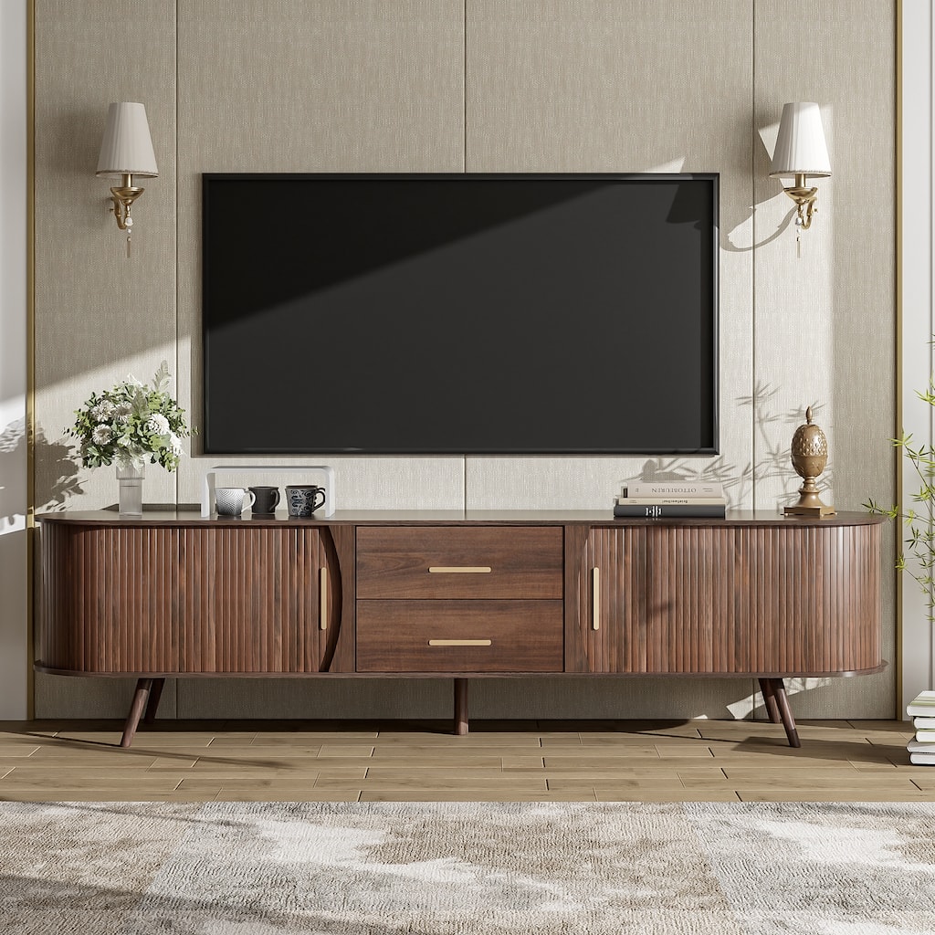 Retro Curved TV Stand for 80" TV, Storage Media Cabinet with 2 Drawers, Media Console Table with Solid Wooden Legs