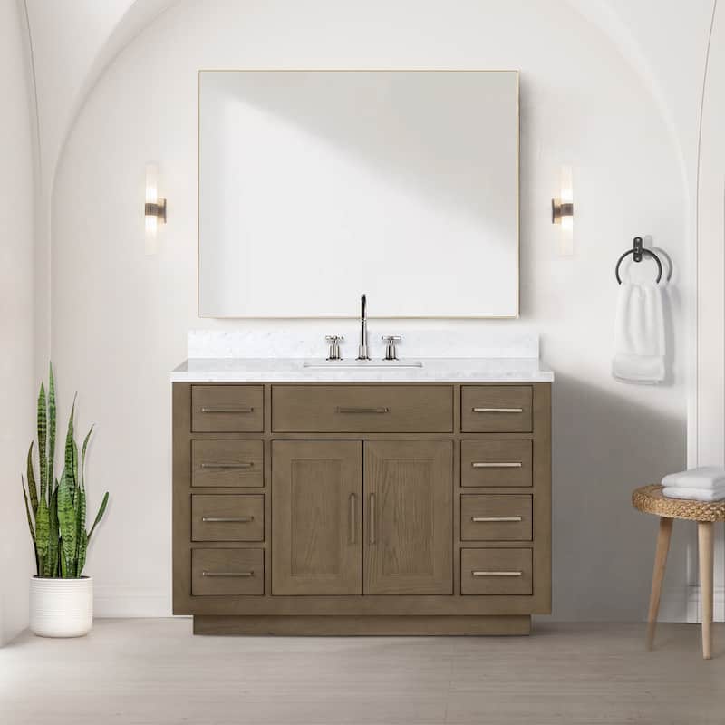 Lexora Abbey Bath Vanity, Carrara Marble Top, Faucet Set, and Mirror