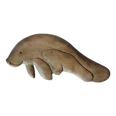 Manatee Mother With Baby Carved Wood Wall Plaque 14 Inches Natural Finish - Brown