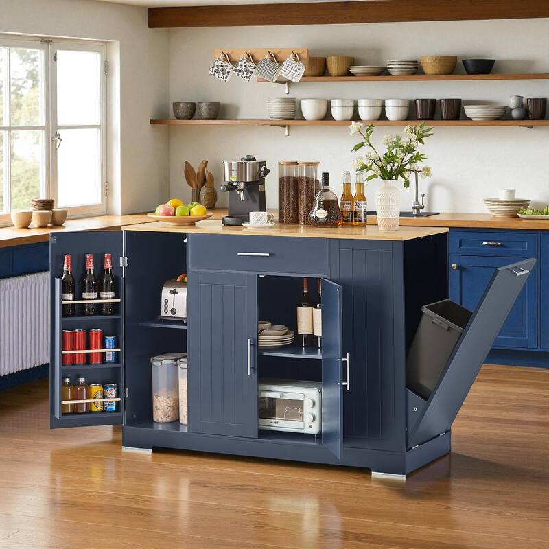 53" Modern Farmhouse Kitchen Island with Drawer, Tilt-Out Trash Can Storage, Adjustable Shelves & Spice Rack for Kitchen