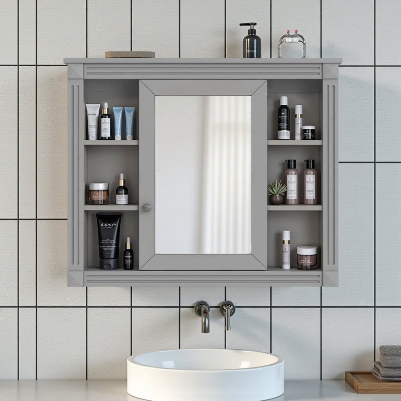 35" x 28" Wall-Mounted Medicine Cabinet, Modern Bathroom Mirror Storage Cabinet with 6 Open Shelves
