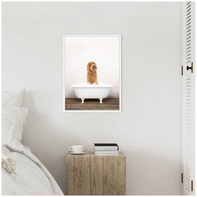 Kate and Laurel Sylvie Golden Labradoodle in Rustic Bath Style Framed Canvas by Amy Peterson