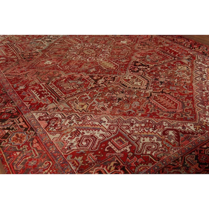 Red Geometric Heriz Persian Vintage Area Rug Hand-Knotted Wool Carpet - 9'4"x 13'5"