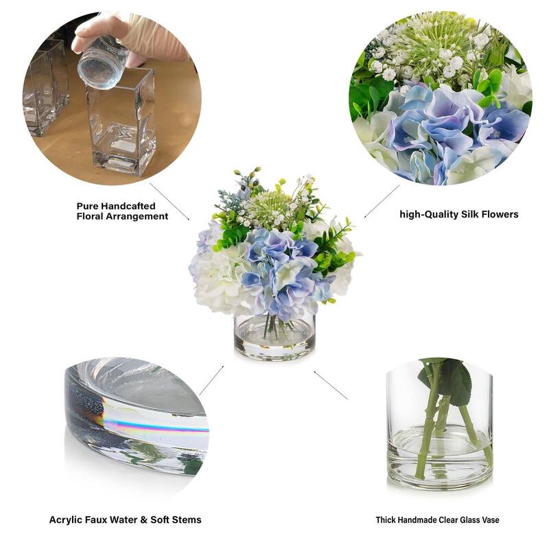 Enova Floral Mixed Artificial Hydrangea Flower Arrangement in Glass Vase For Home Office Wedding Decoration - Cream Blue