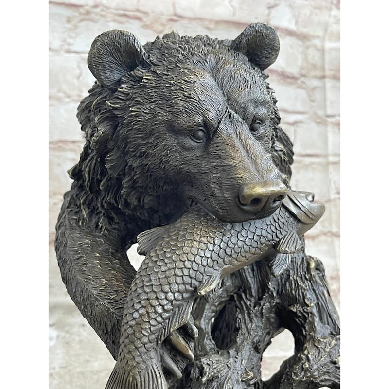 Bear Catching Salmon Bronze Metal Bust Statue Sculpture Original Art On Marble Base
