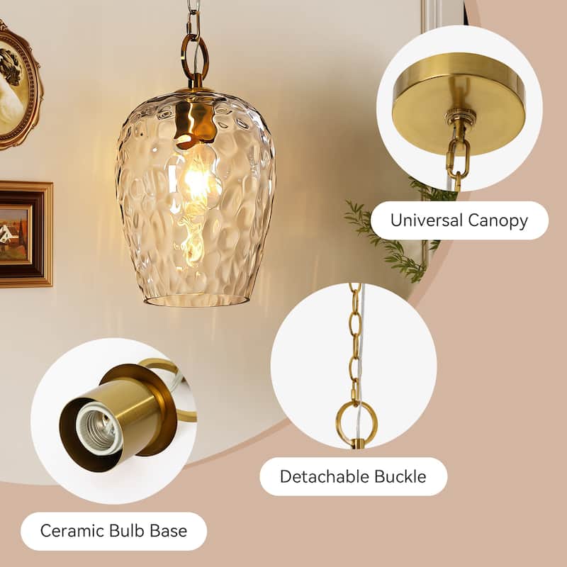 Modern Hammered Glass Pendant with 60'' Adjustable Chain, Thick Textured Shade