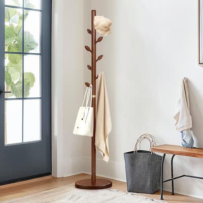 Rubberwood Freestanding Coat Rack, Coat Tree with 8 Bud-shaped Hooks - 15.75"Dia. x 72.44"H