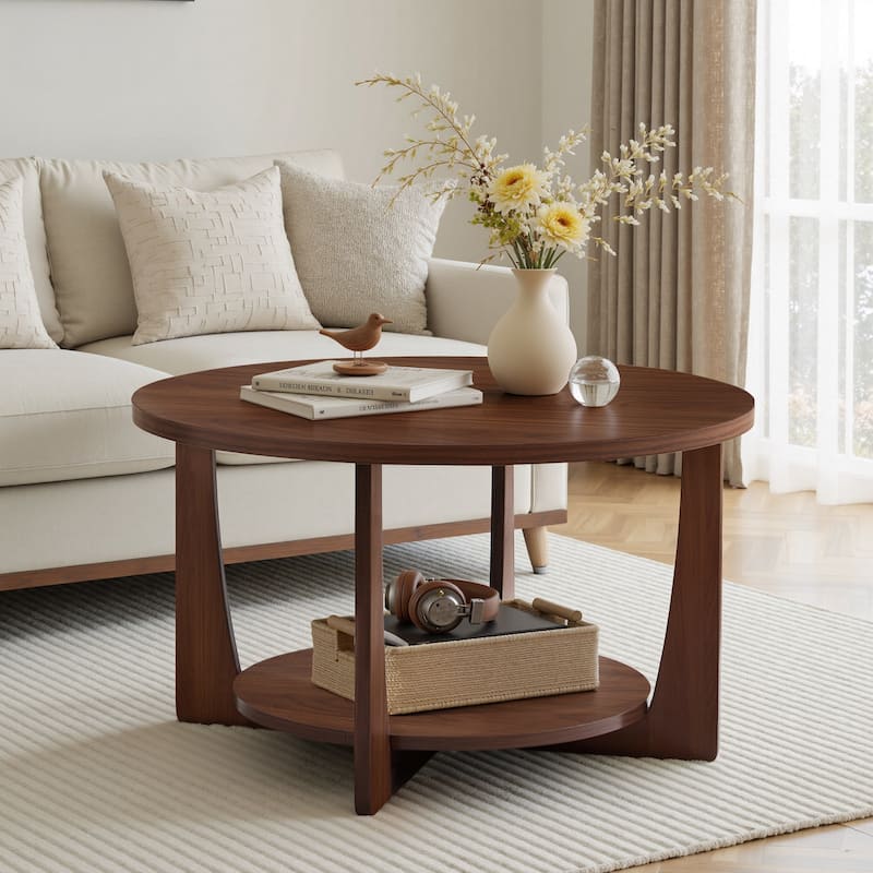31.5" Round Coffee Table with Solid Wood Legs and 2-Tier Storage - 31.5"Dia x 17.72"H - Red Brown