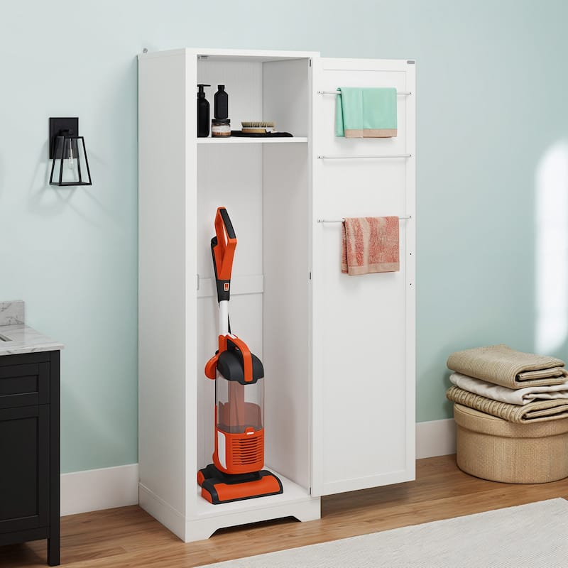 Moasis 63" Tall Barn Door Wooden Cleaning Tool Cabinet with Storage Rack and Sleek Hanging Rods - White