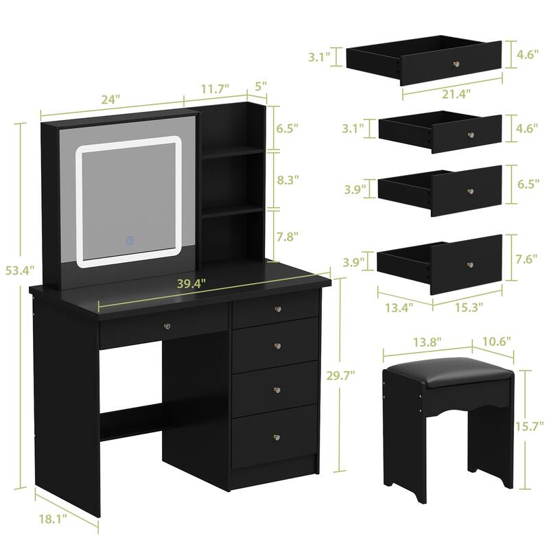 Makeup Vanity Set with Stool and 3 Color Touching Mirror Dresser Table - 39.4"W