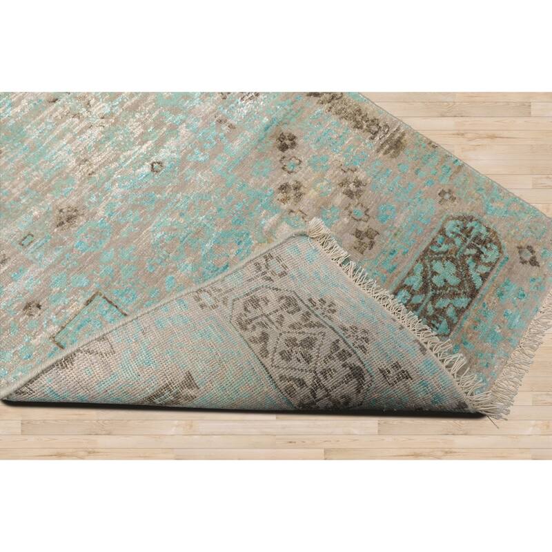 2'x3' Turquoise Tibetan Wool and Bamboo Silk Oriental Area Rug - 2' x 3'
