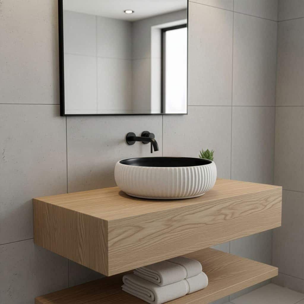 16 in. Round Vessel Bathroom Sink in Matte Black and Textured White Ceramic - 16 in Round