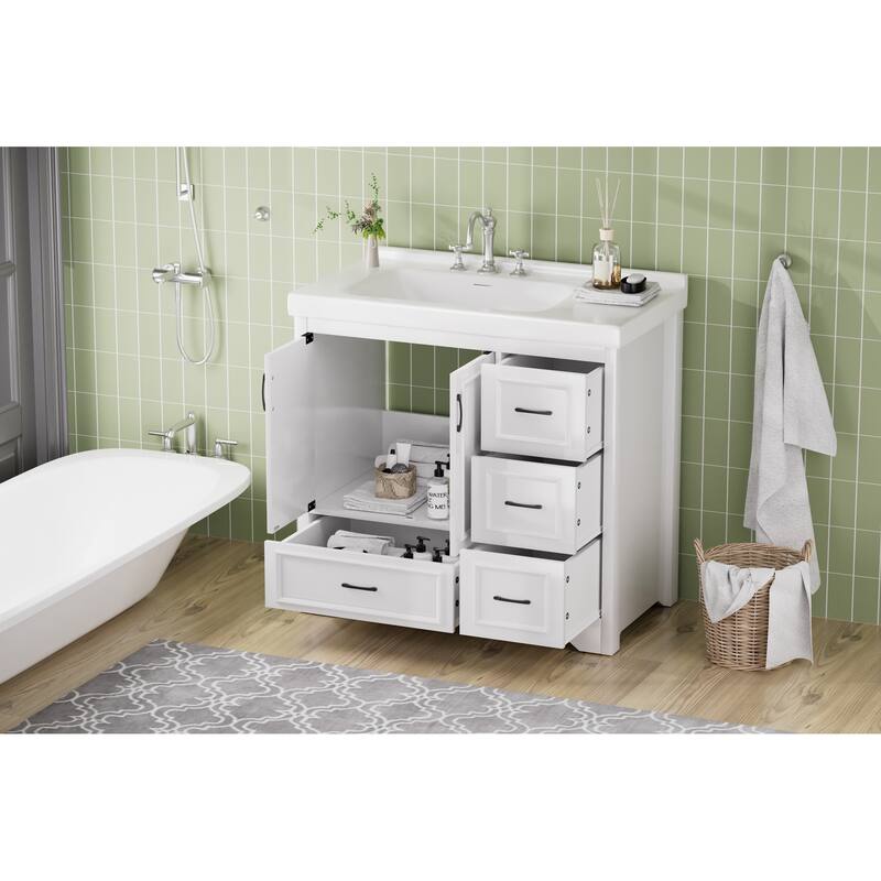 36'' Bathroom Vanities with Single Sink, Modern Undermount Bathroom Sink Cabinet with 2 Closing Doors&4 Drawers.White