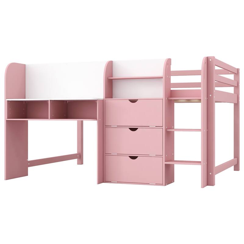 Full Size Low Loft Bed with Storage, Desk, Bookcase, and Graffiti Whiteboard for Kids
